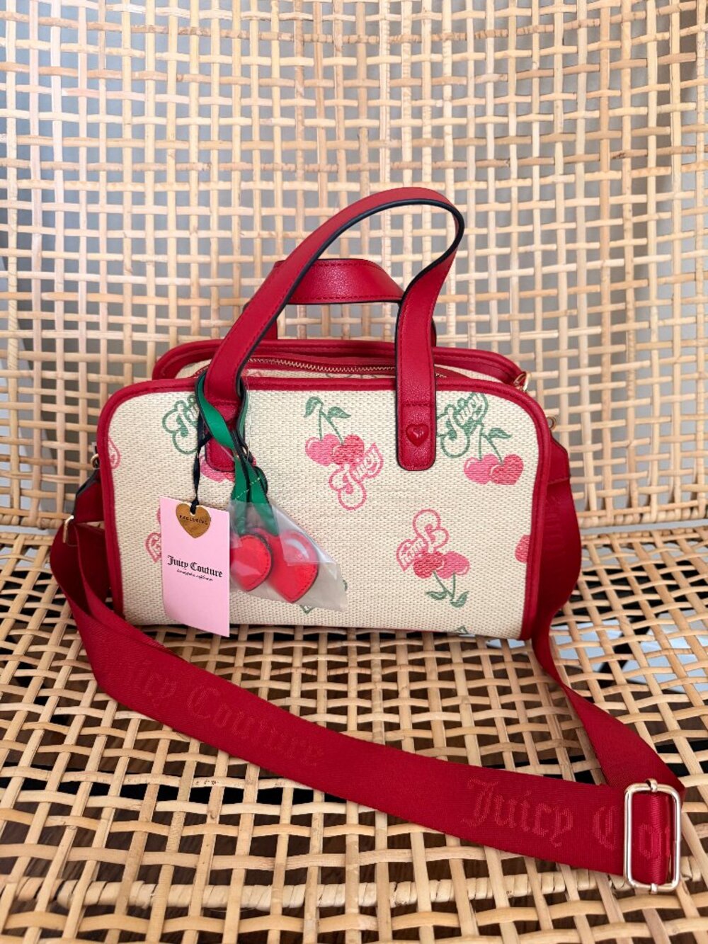 Juicy Couture Red and Cream Cherry Canvas Satchel with Cherry Charm NWT